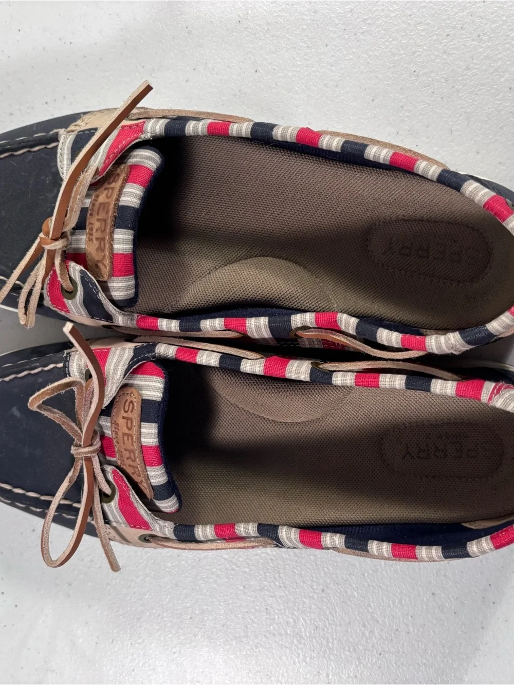 Sperry Navy women’s Boat Shoes with Red & Cream Striped Trim
